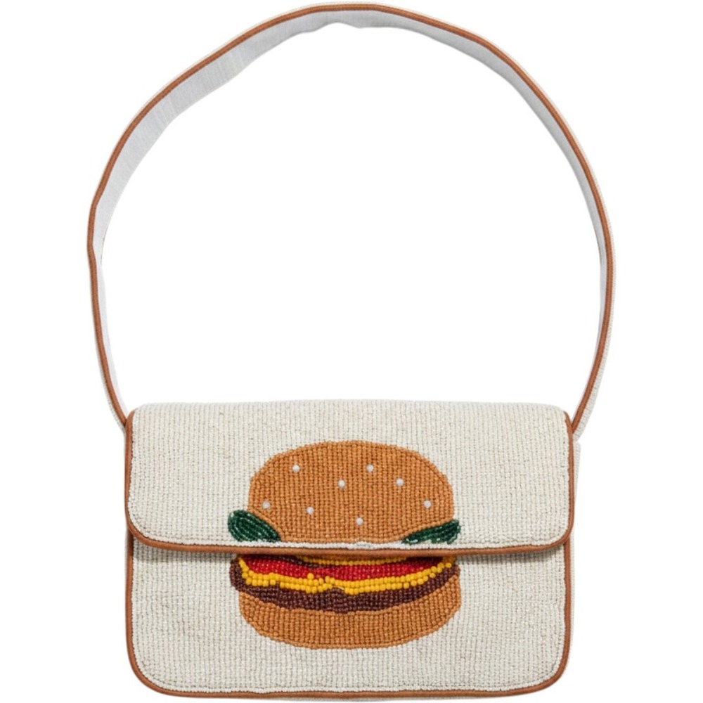 Sol and Mer Hamburger French Fries Beaded Bag Handmade India White Brown New